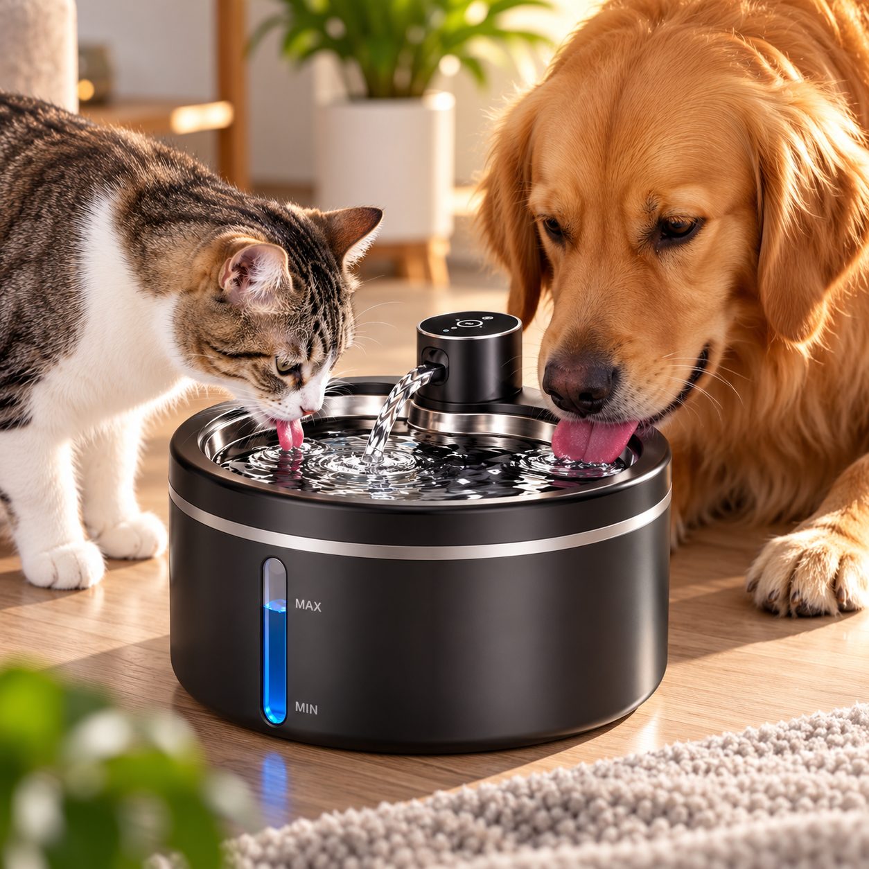 A cat and a golden retriever drinking from a black water fountain