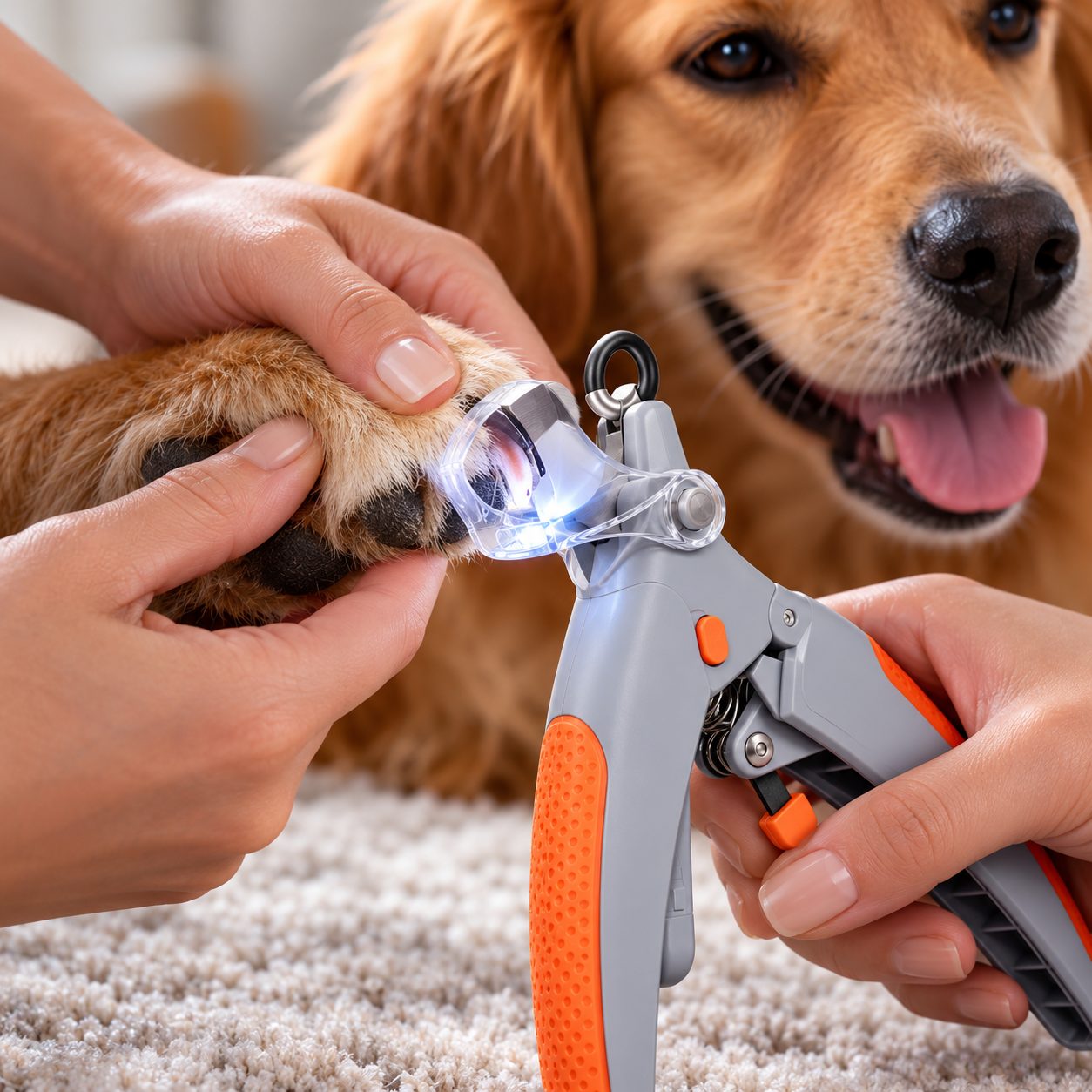A golden retriever having its nails trimmed with an orange and grey clipper
